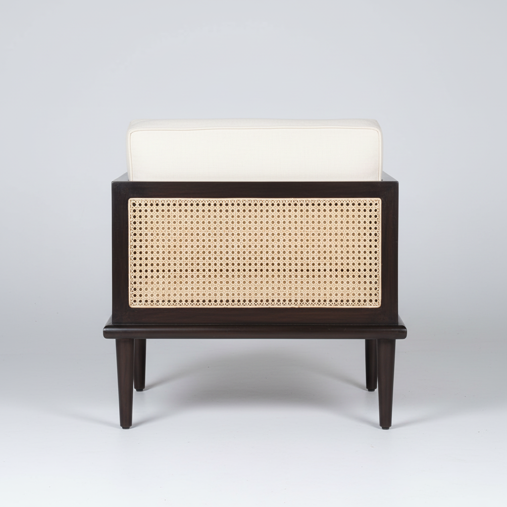 Bruce mid-century modern teakwood single seater sofa with cane side panels and upholstered seat and back cushions – back view