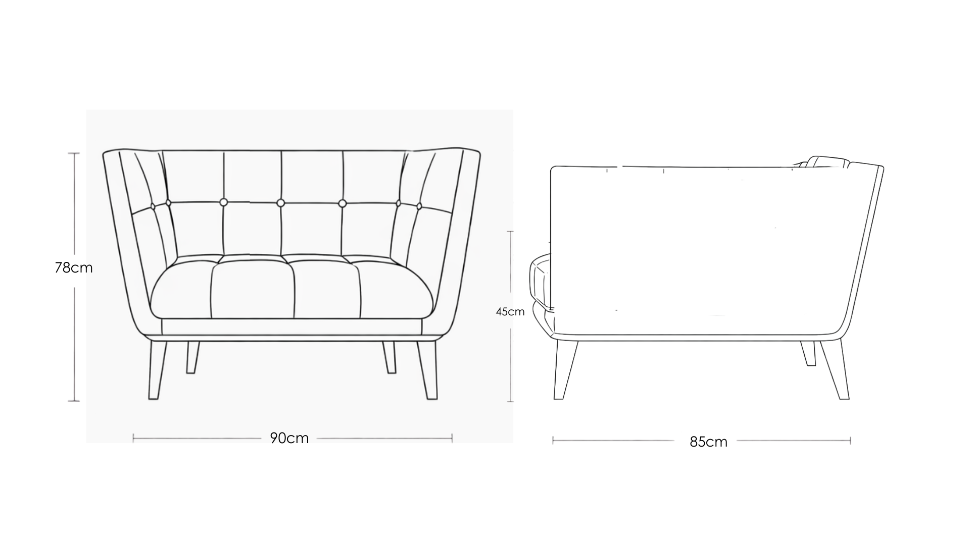 Line drawing of a sofa with dimensions labeled