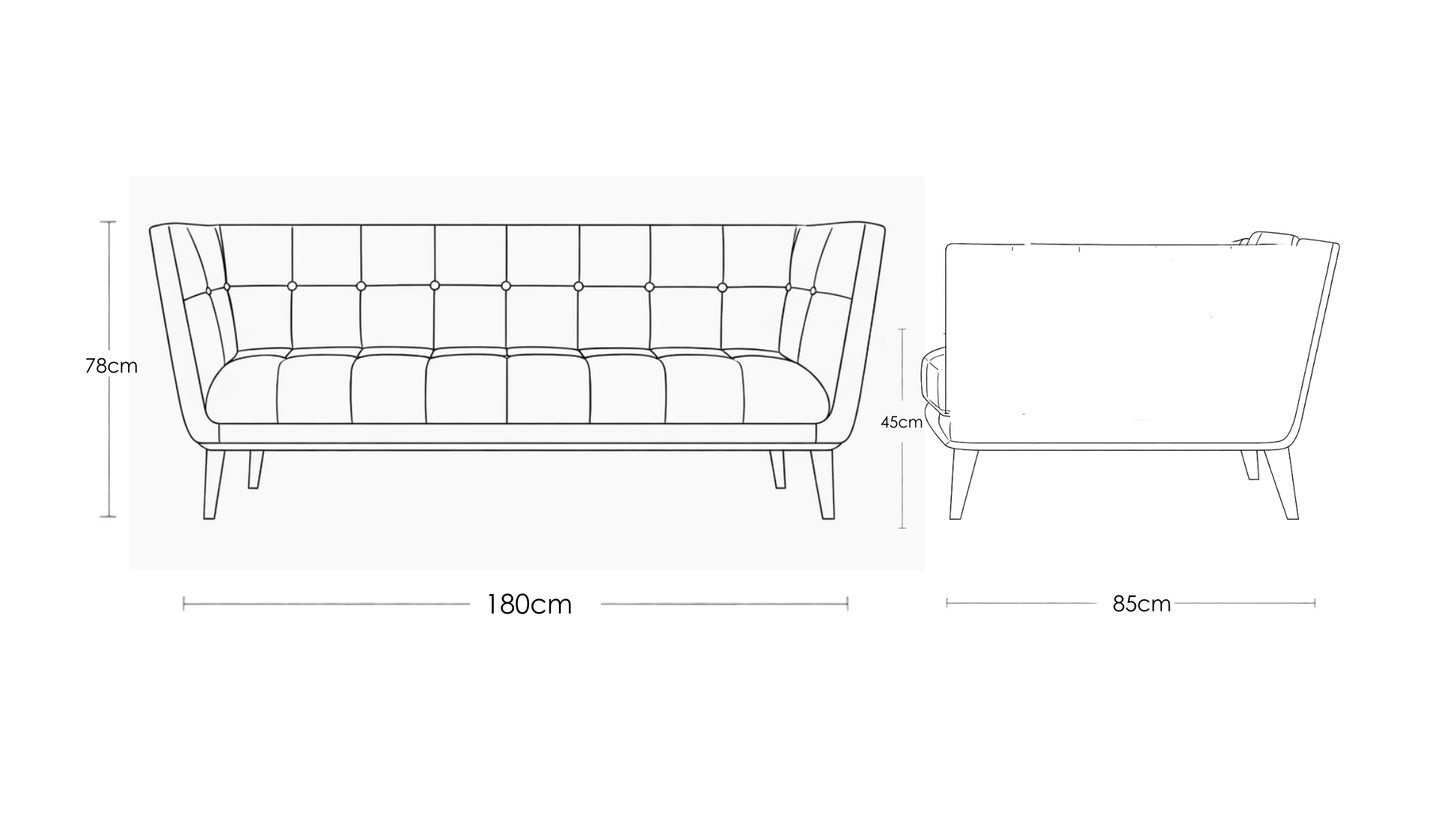 Line drawing of a sofa with dimensions labeled