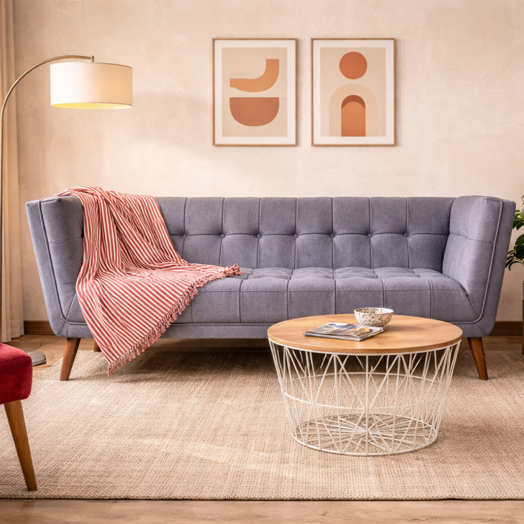 Living room with a gray sofa, pink blanket, and a round wooden coffee table.
