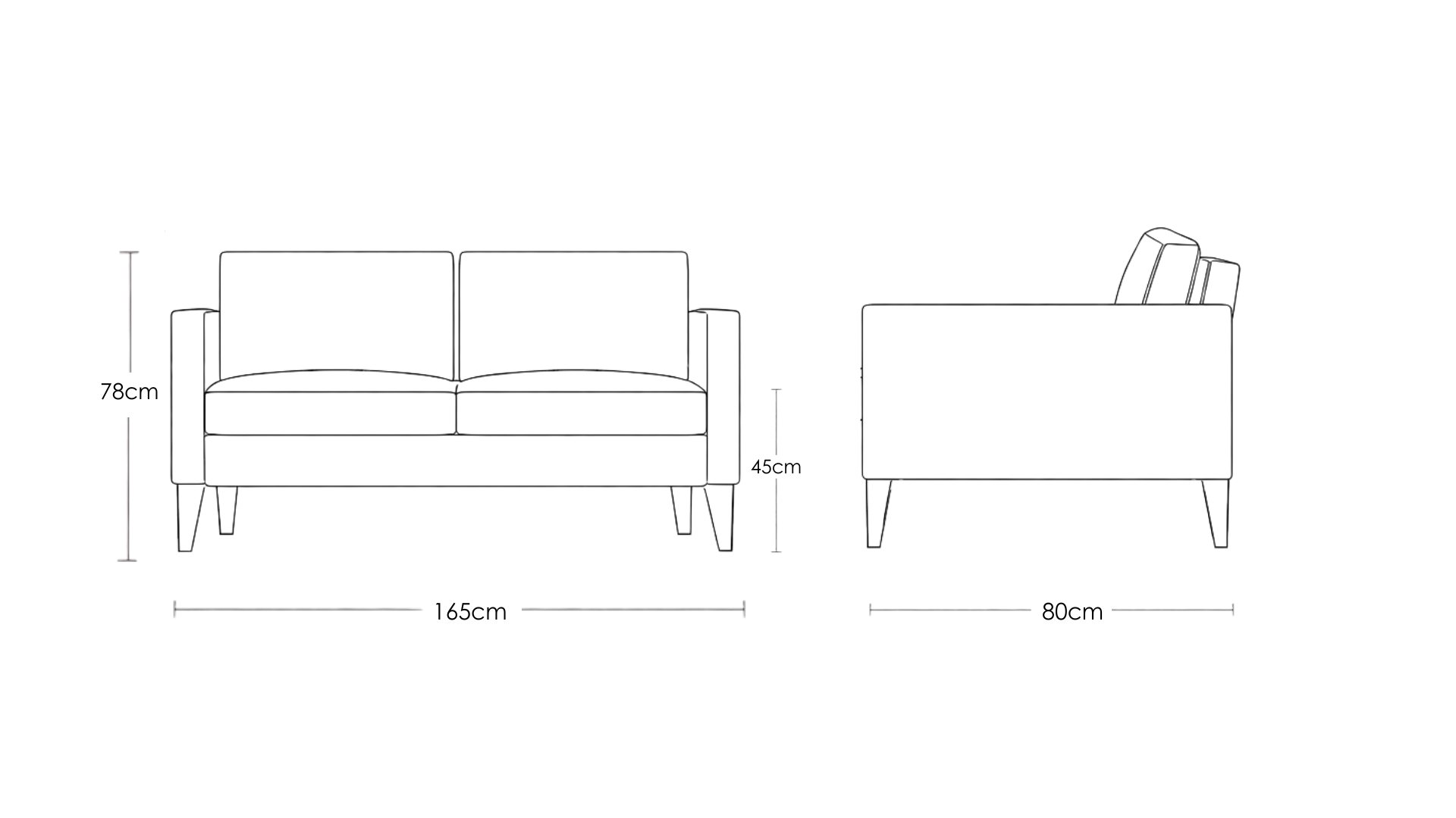 Cyrene W contemporary faux leather two seater sofa with wooden legs in warm tan upholstery dimension drawing
