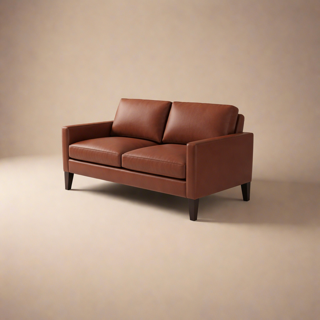 Cyrene W contemporary faux leather two seater sofa with wooden legs in warm tan upholstery isometric view