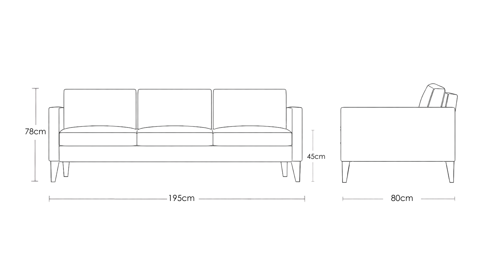 Cyrene W contemporary faux leather three seater sofa with wooden legs in warm tan upholstery dimension drawing