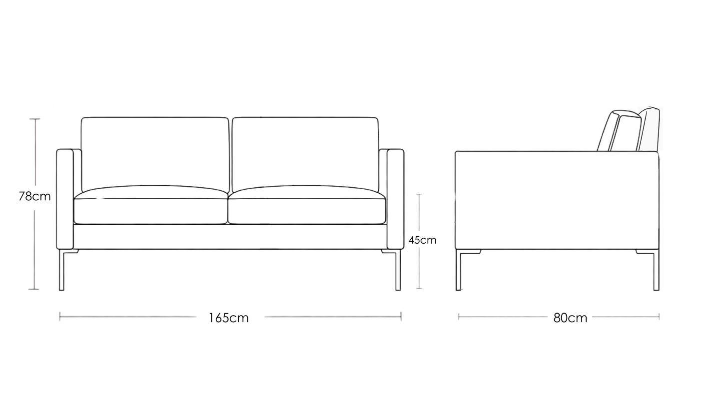Line drawing of a sofa and chair with dimensions labeled