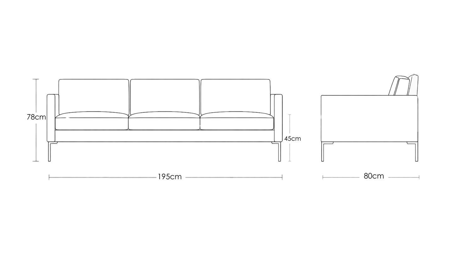 Technical drawing of a sofa with dimensions on a white background