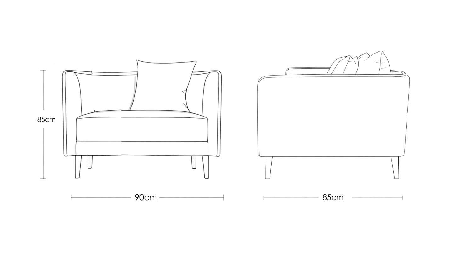 Falcon modern fabric single seater sofa with solid teakwood base and clean contemporary lines – dimension image