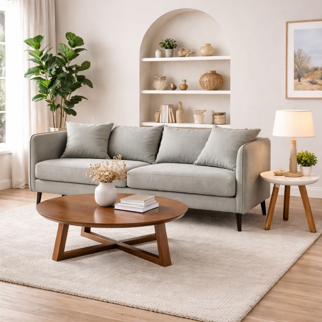 Falcon modern fabric sofa with solid teakwood base and clean contemporary lines – living room view with victor coffee table and Megan side table