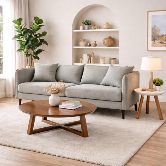 Falcon modern fabric sofa with solid teakwood base and clean contemporary lines – living room view with victor coffee table and Megan side table