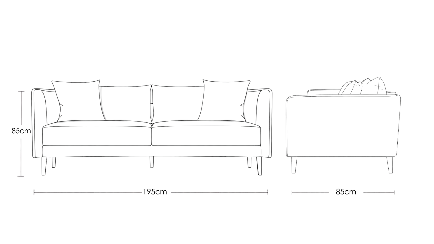 Falcon modern fabric three seater sofa with solid teakwood base and clean contemporary lines – dimension image