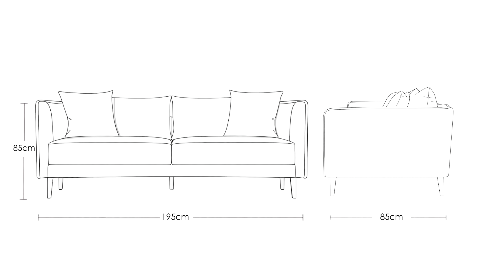 Falcon modern fabric three seater sofa with solid teakwood base and clean contemporary lines – dimension image