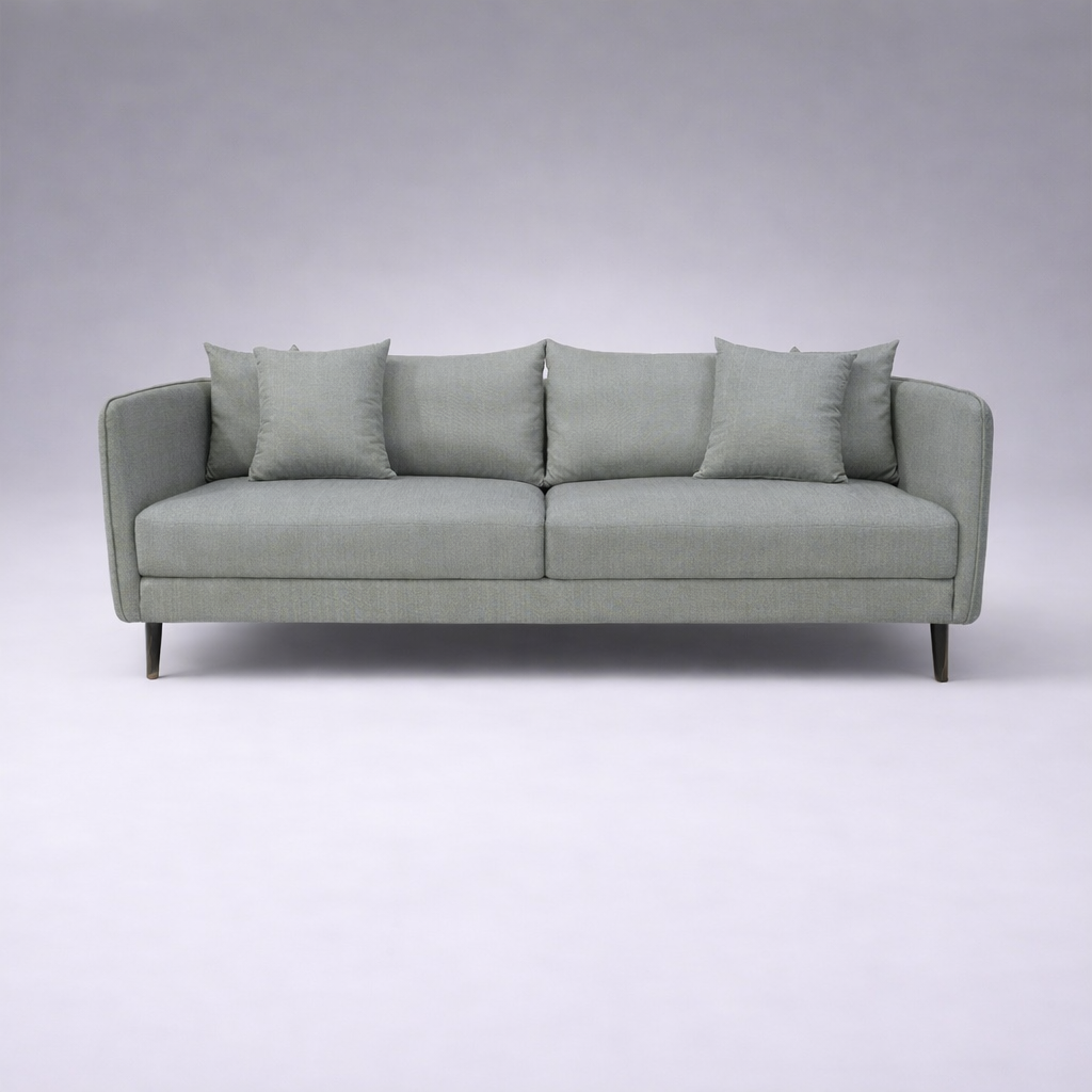 Falcon modern fabric sofa with solid teakwood base and clean contemporary lines – front view