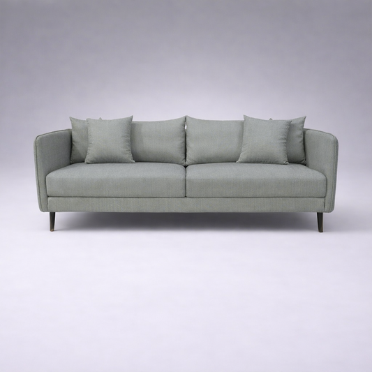 Falcon modern fabric sofa with solid teakwood base and clean contemporary lines – front view