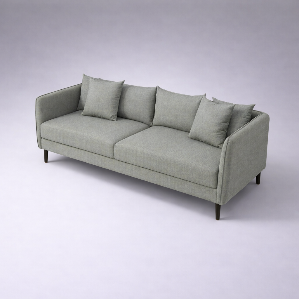Falcon modern fabric sofa with solid teakwood base and clean contemporary lines – isometric view