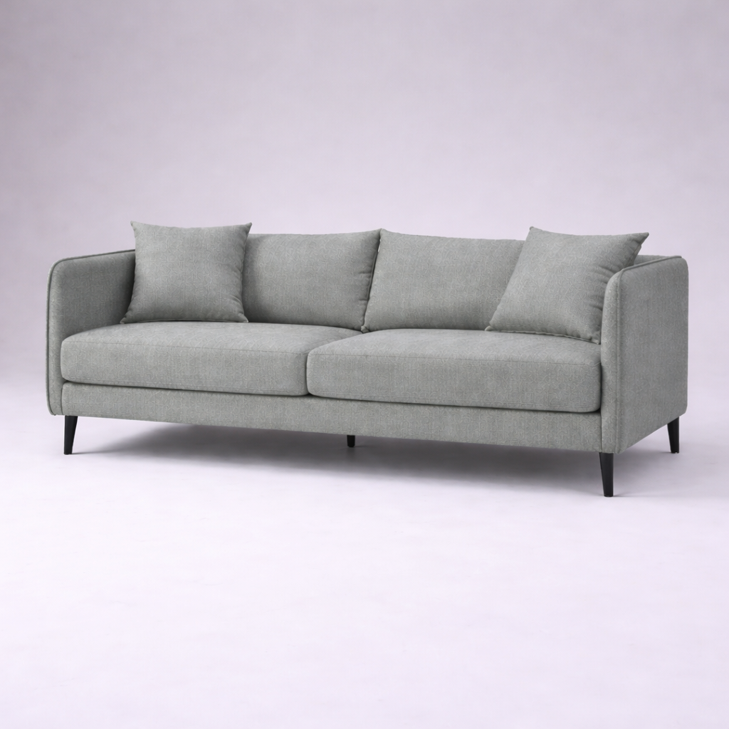 Falcon modern fabric sofa with solid teakwood base and clean contemporary lines – isometric view