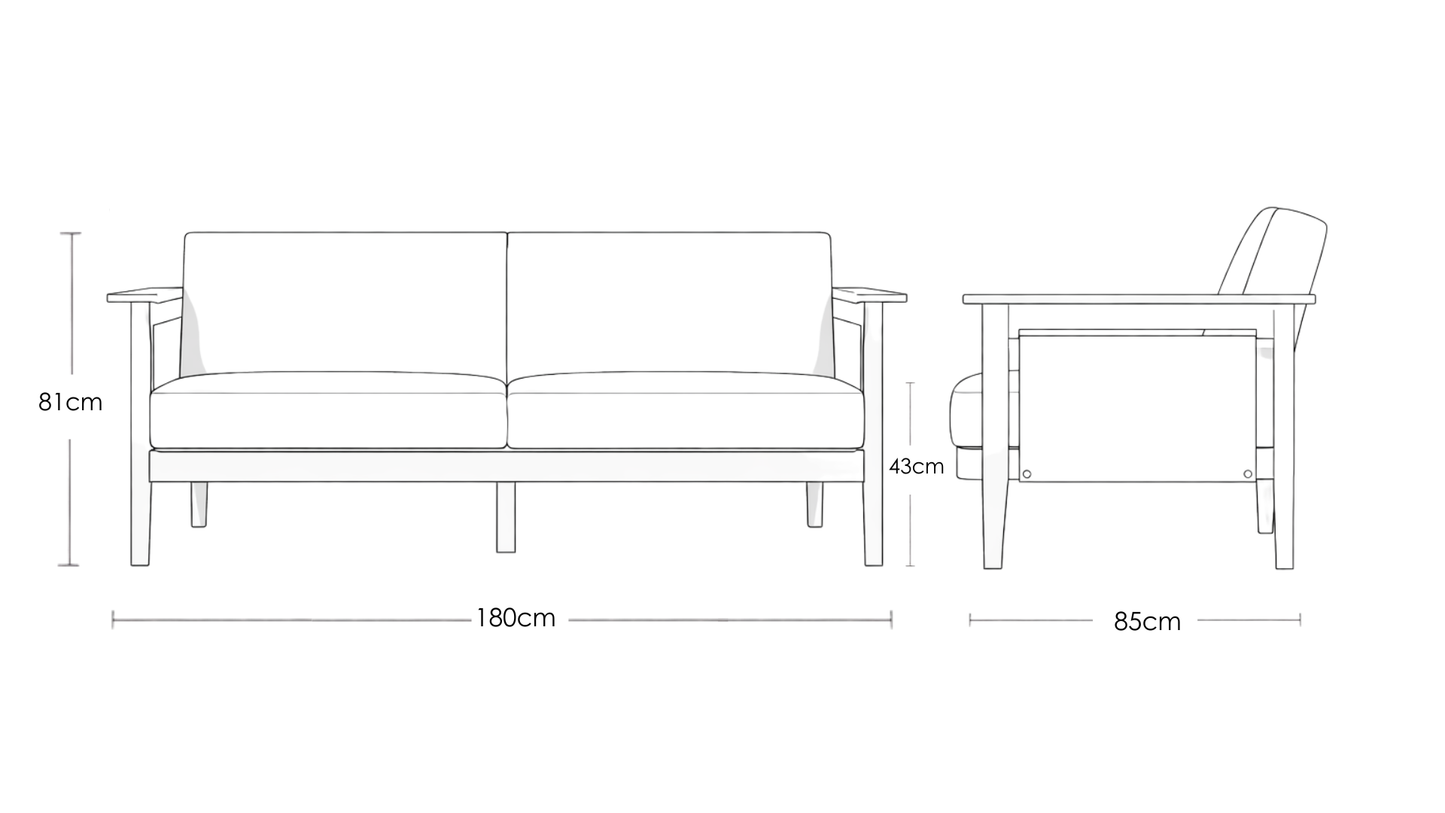 Hibiki Japanese minimalist teakwood sofa with upholstered seat and back cushions and signature side leather panel detail – dimensions