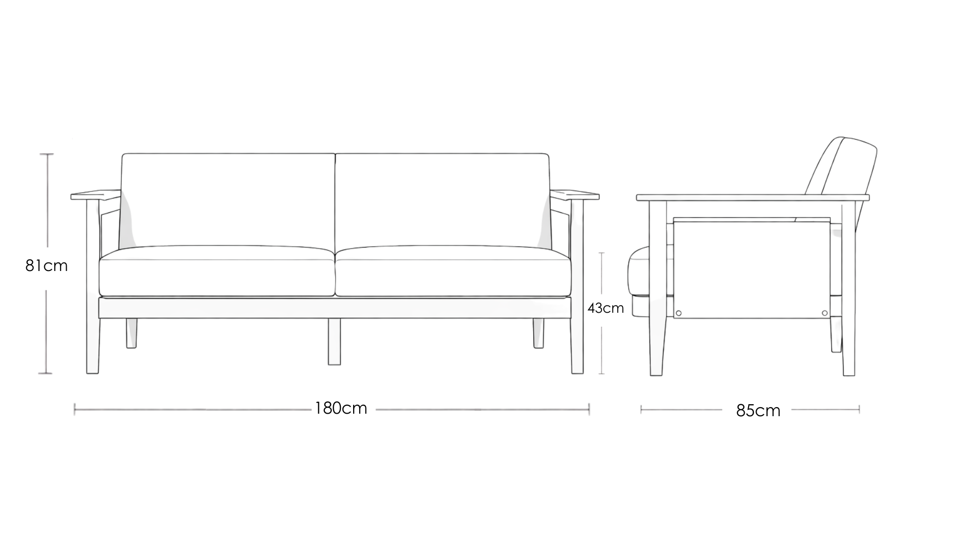 Hibiki Japanese minimalist teakwood sofa with upholstered seat and back cushions and signature side leather panel detail – dimensions