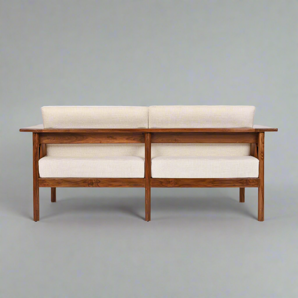 Hibiki Japanese minimalist teakwood sofa with upholstered seat and back cushions and signature side leather panel detail – back view