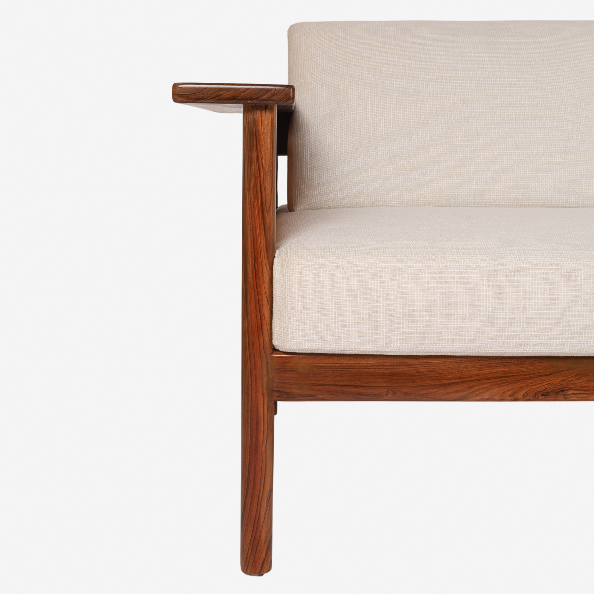 Hibiki Japanese minimalist teakwood sofa with upholstered seat and back cushions and signature side leather panel detail – detail view