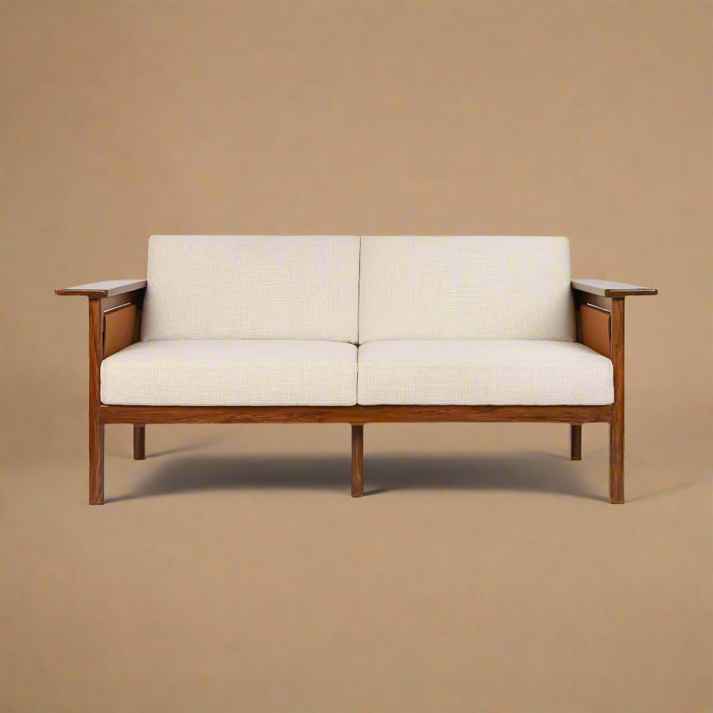 Hibiki Japanese minimalist teakwood sofa with upholstered seat and back cushions and signature side leather panel detail – front view