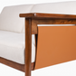 Hibiki Japanese minimalist teakwood sofa with upholstered seat and back cushions and signature side leather panel detail – side wood and leatherette detail