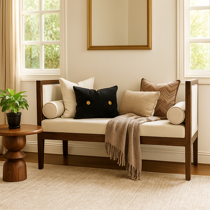 Wooden bench with cushions and a plant in a cozy living room setting.