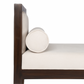 Corner of a bench with wooden frame and white cushioned side on a white background
