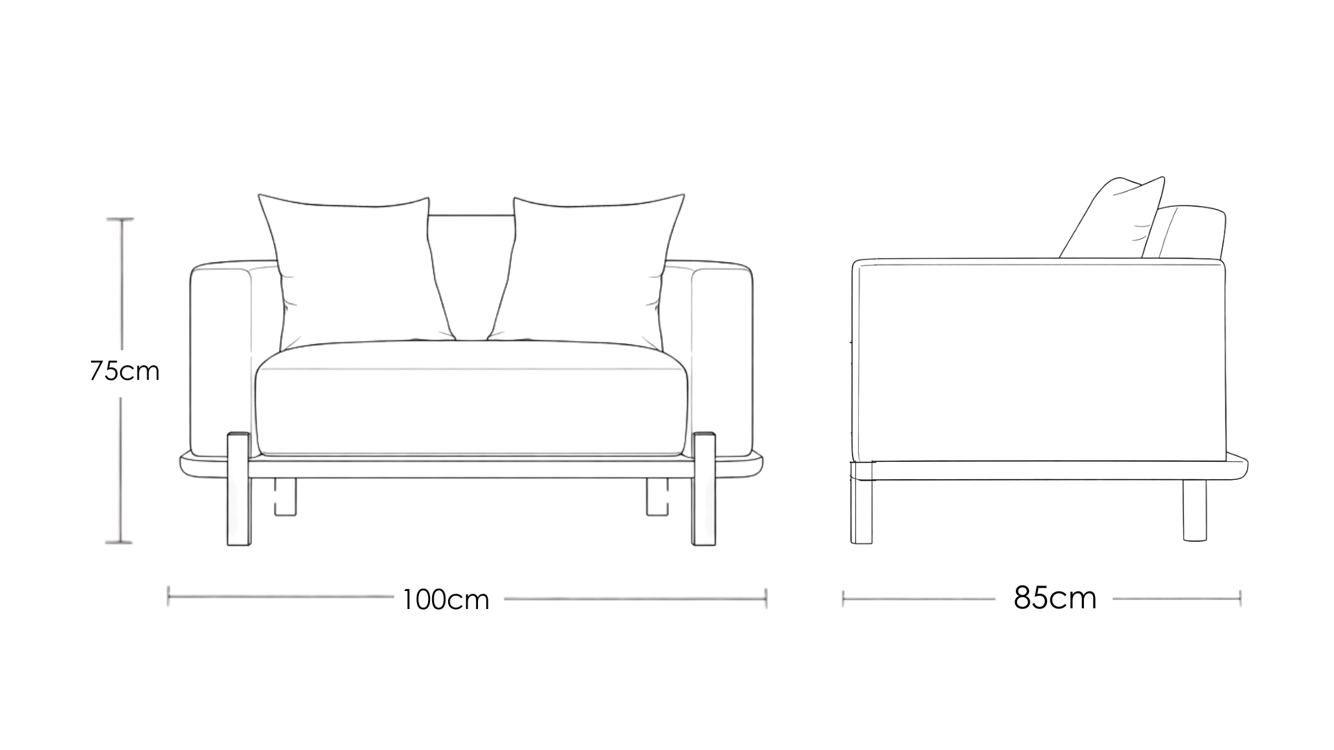 Ikoi modern wooden base single seater sofa in neutral fabric with rounded armrests and solid teakwood frame – dimension image