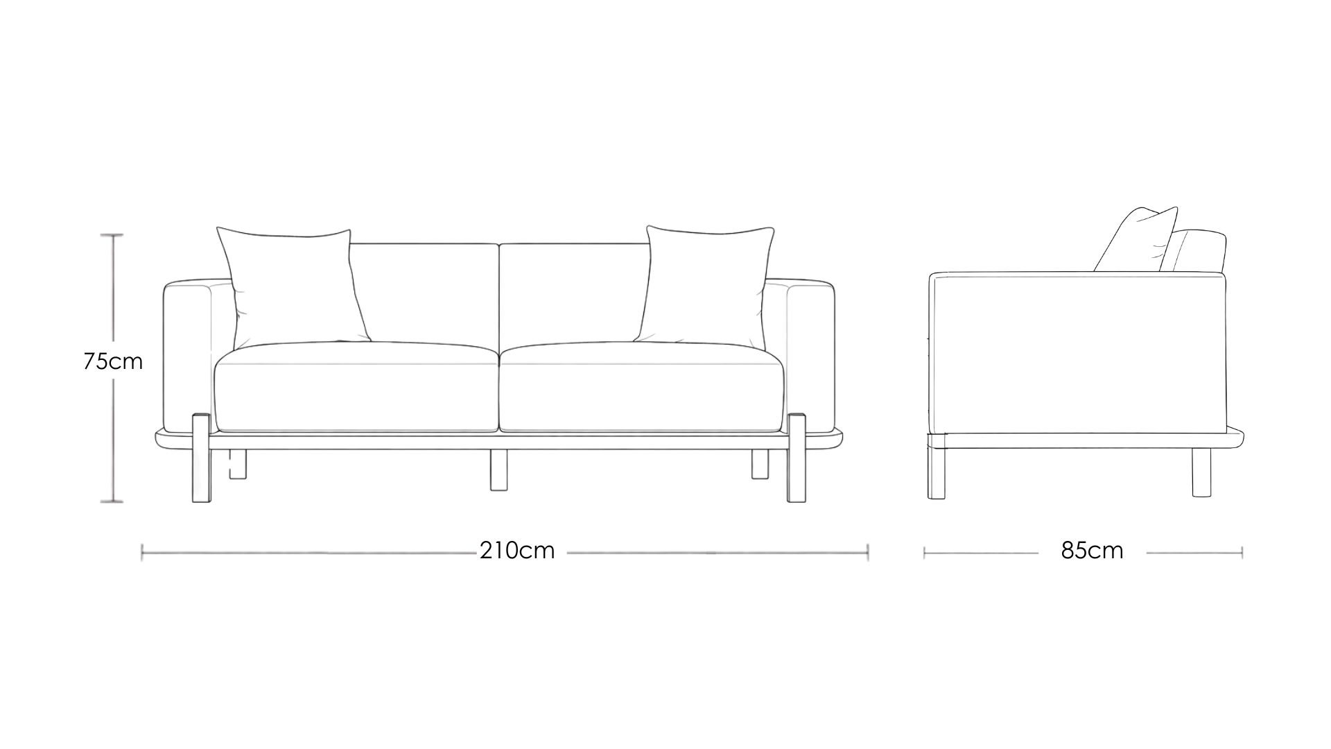 Ikoi modern wooden base sofa in neutral fabric with rounded armrests and solid teakwood frame – dimension image