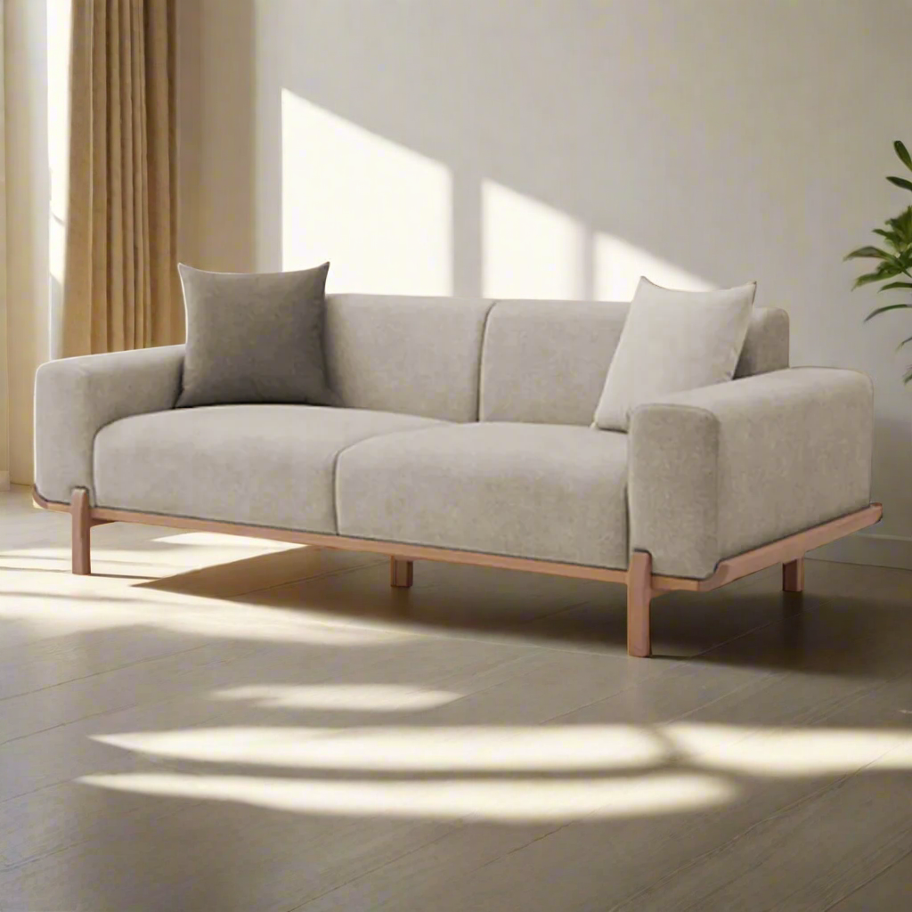 Ikoi modern wooden base sofa in neutral fabric with rounded armrests and solid teakwood frame – isometric view