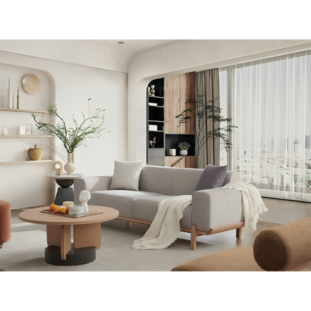 Ikoi modern wooden base sofa in neutral fabric with rounded armrests and solid teakwood frame – living room lifestyle image