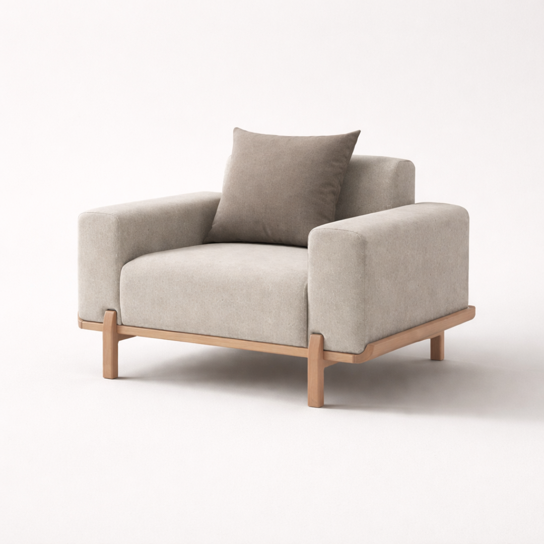 Ikoi modern wooden base sofa in neutral fabric with rounded armrests and solid teakwood frame – isometric view