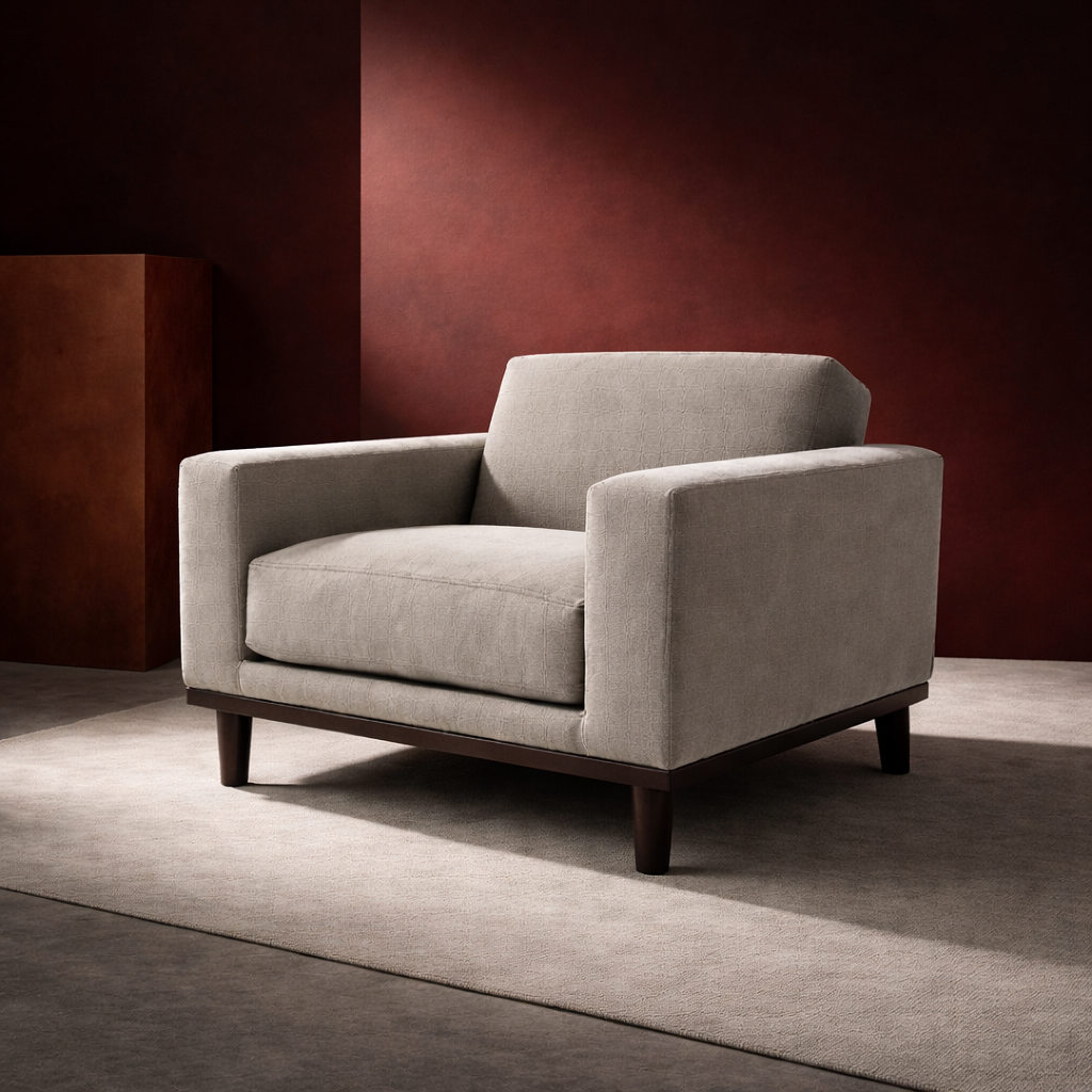 Irene modern fabric single seater sofa in a contemporary setting, textured rug, creating a calm, bold and timeless seating space.