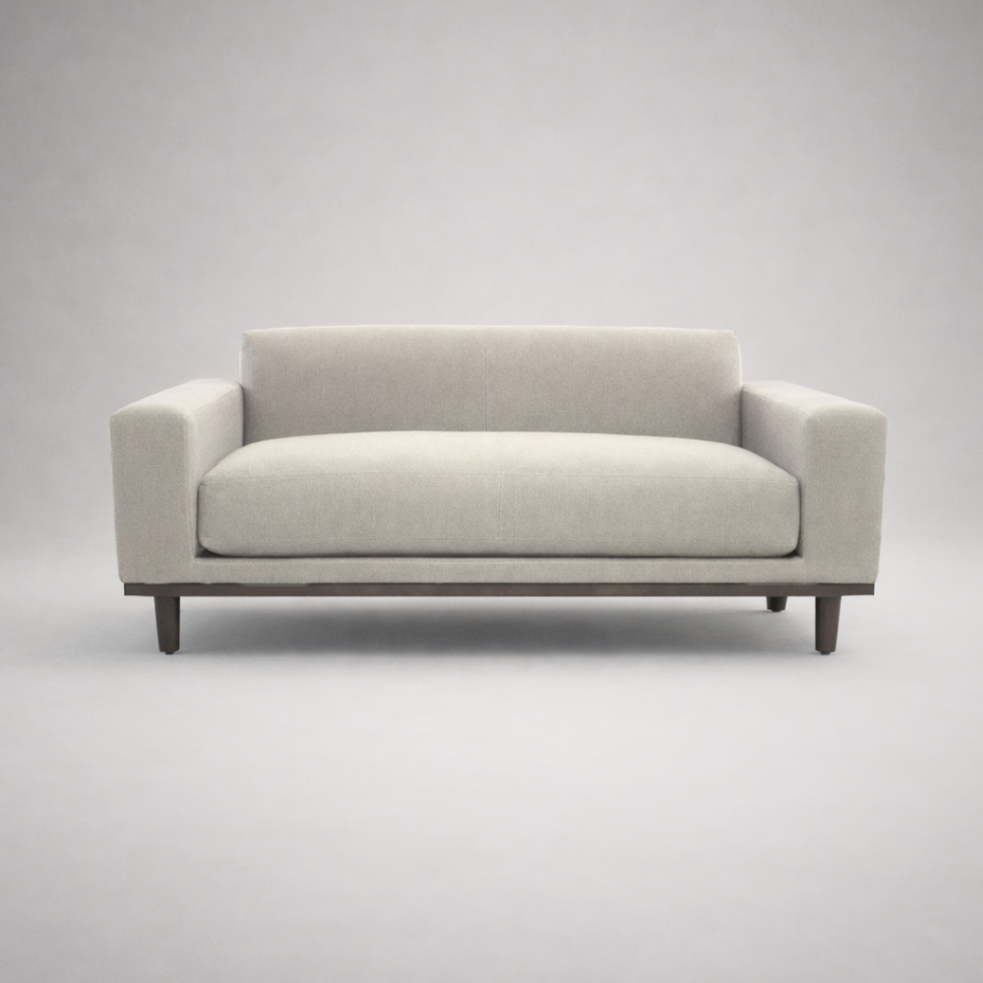 Irene modern upholstered fabric sofa front view with solid wood base in neutral finish
