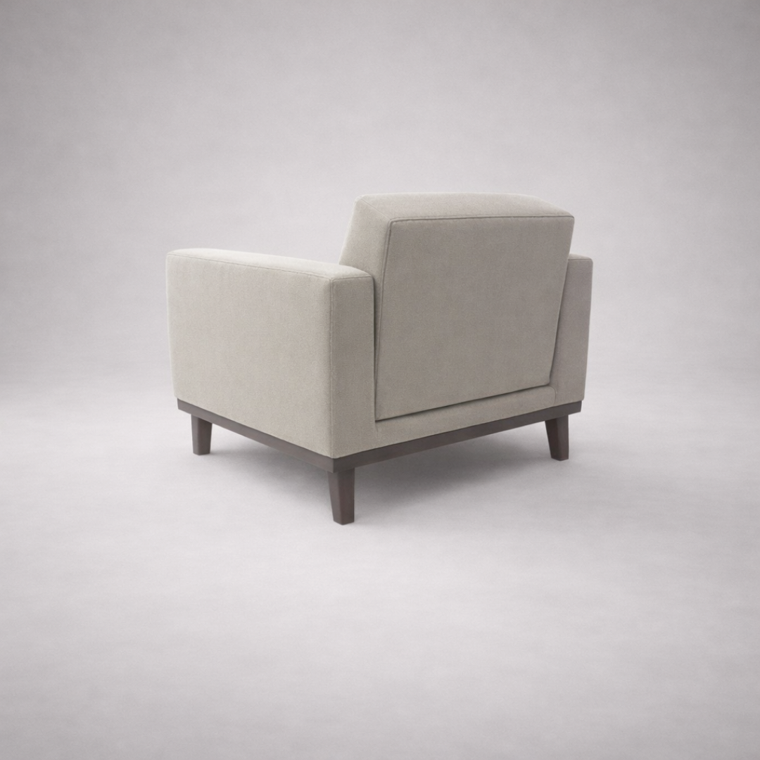 Irene modern sofa back view with clean upholstered rear and exposed solid wood legs