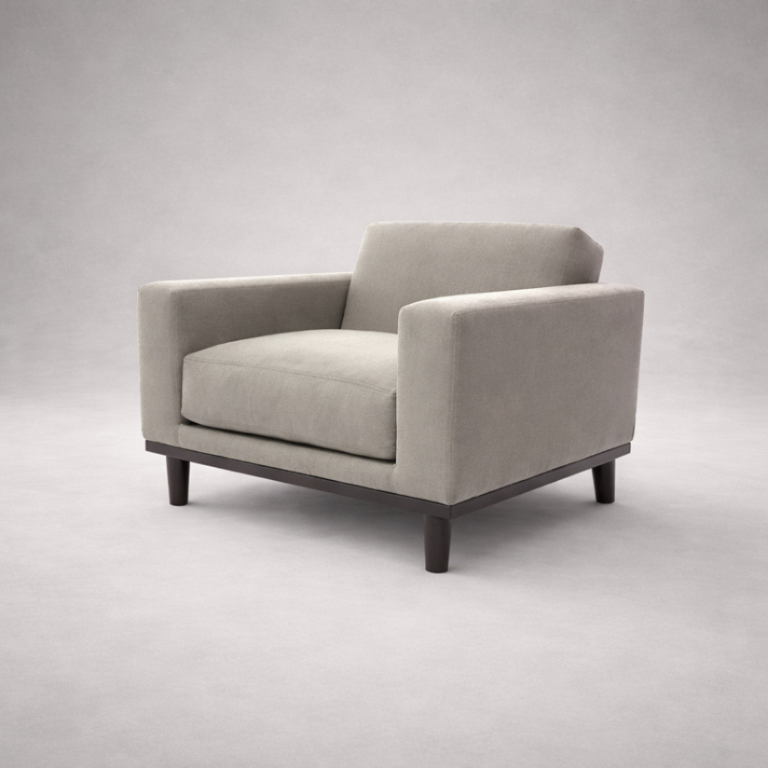 Irene minimal fabric single seater sofa three-quarter iso view showing structured arms and wooden plinth base