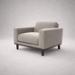 Irene minimal fabric single seater sofa three-quarter iso view showing structured arms and wooden plinth base