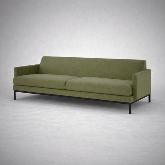 Kathaleen mid-century modern three seater sofa with upholstered seat and slim black metal legs – iso view