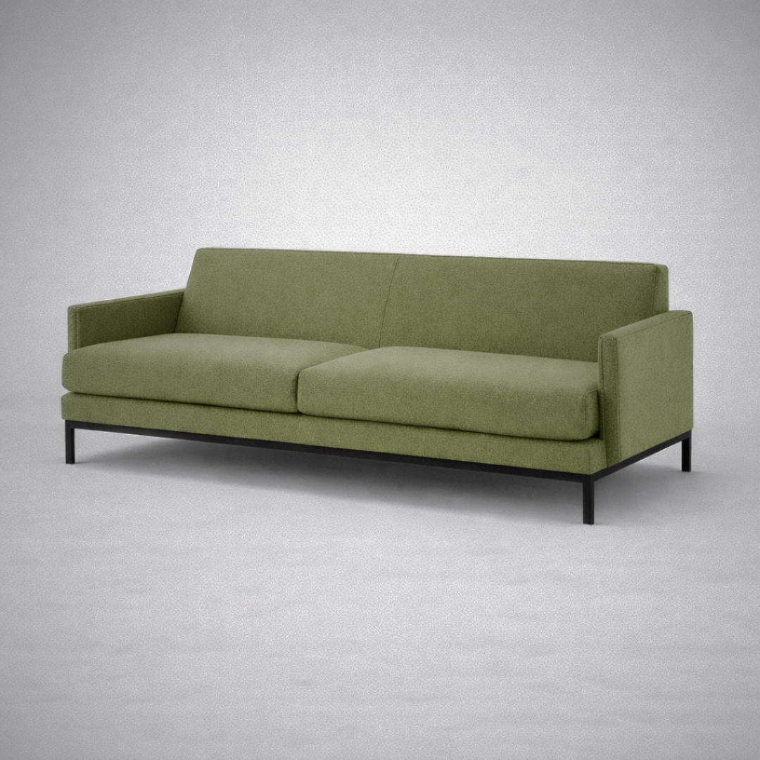 Kathaleen mid-century modern two seater sofa with upholstered seat and slim black metal legs – iso view