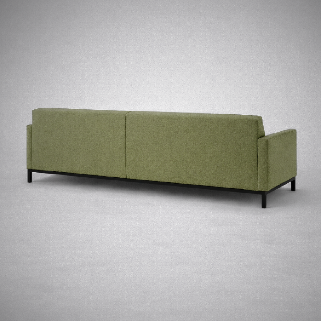 Kathaleen mid-century modern three seater sofa with upholstered seat and slim black metal legs – back view