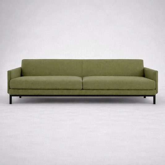 Kathaleen mid-century modern three seater sofa with upholstered seat and slim black metal legs – front view