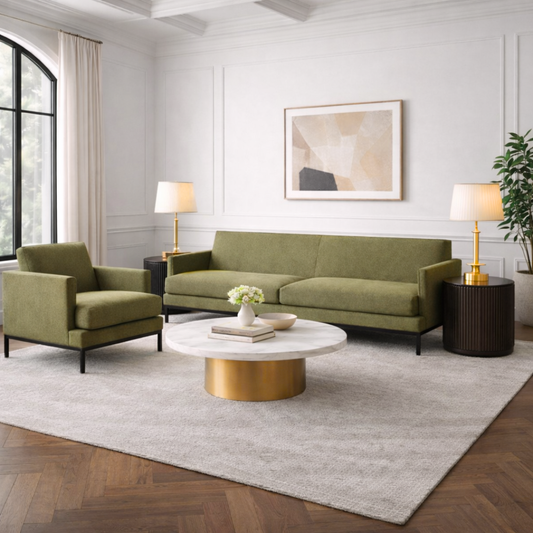 Kathaleen mid-century modern sofa with upholstered seat and slim black metal legs – living room view