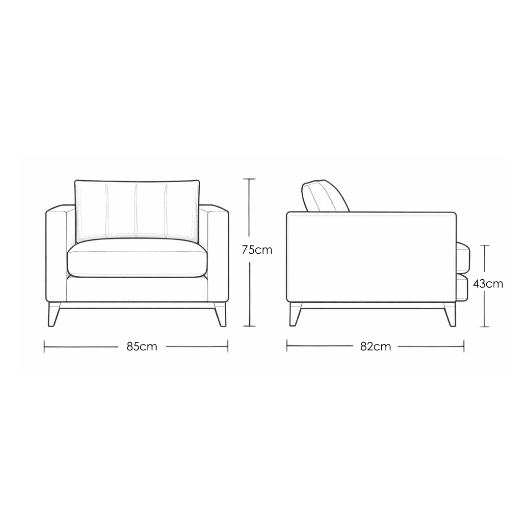 Noma modern minimalist fabric single seater sofa with solid teakwood base and clean linear form for contemporary living rooms dimension image