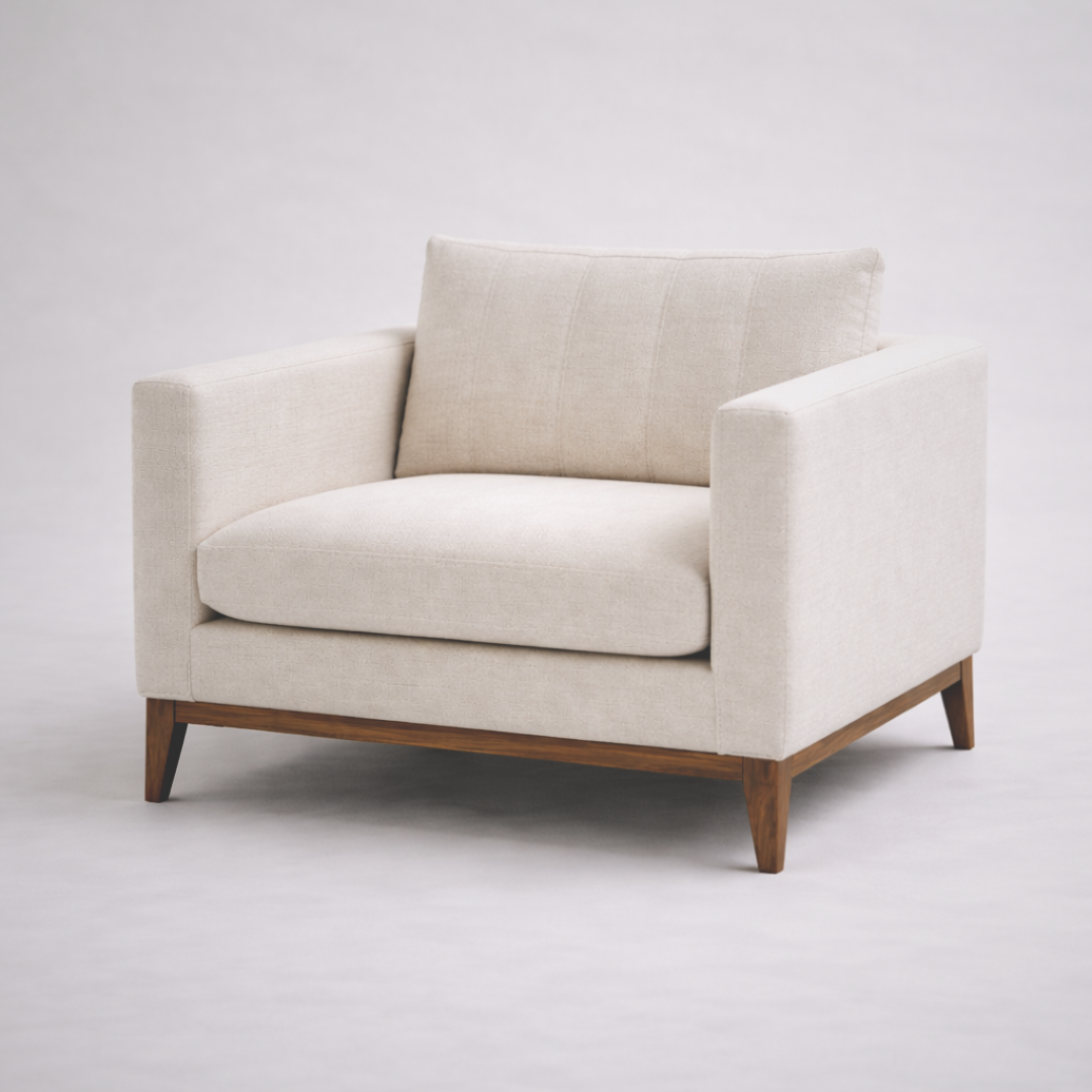 Noma modern minimalist fabric single seater sofa with solid teakwood base and clean linear form for contemporary living rooms isometric view