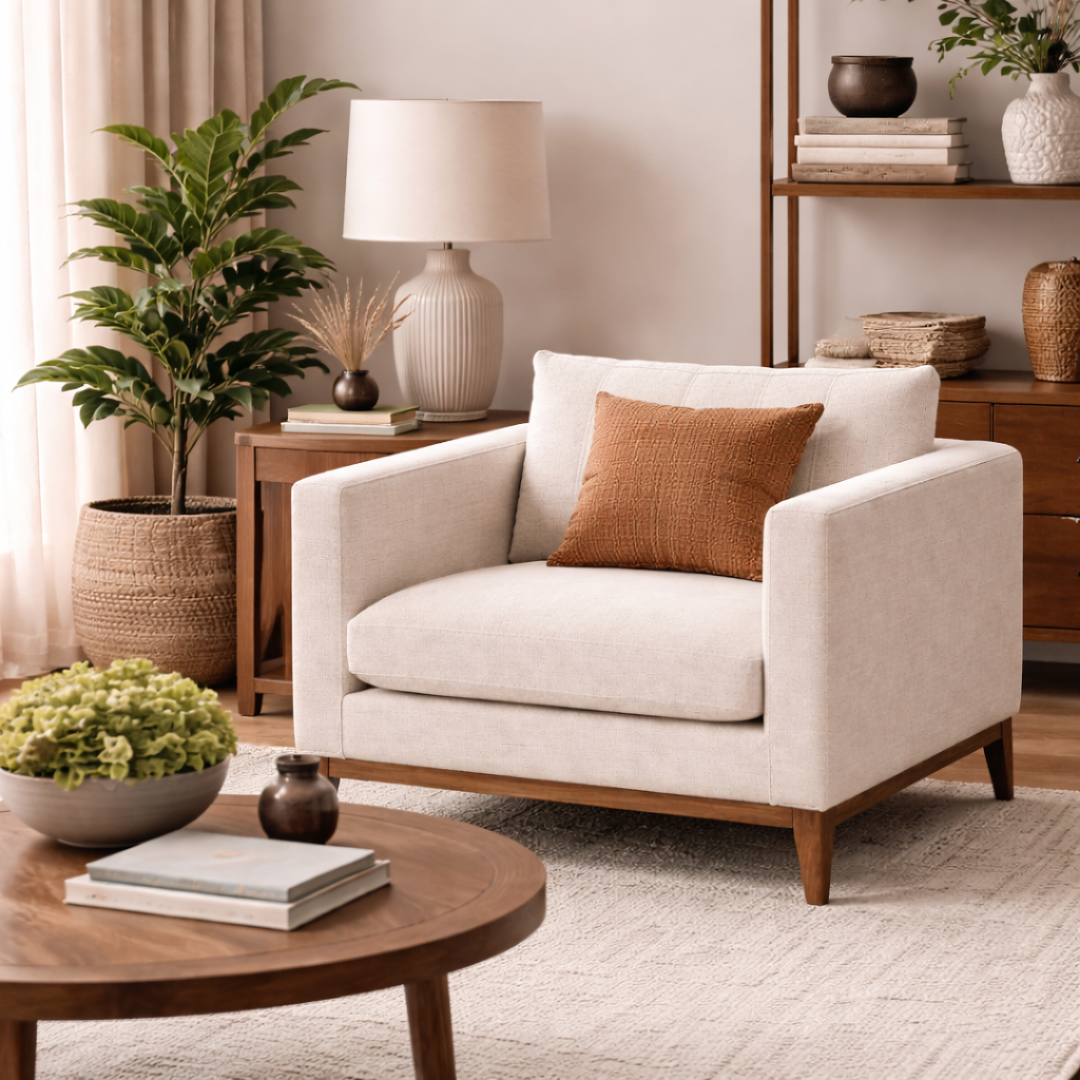 Noma modern minimalist fabric single seater sofa with solid teakwood base and clean linear form for contemporary living rooms lifestyle view