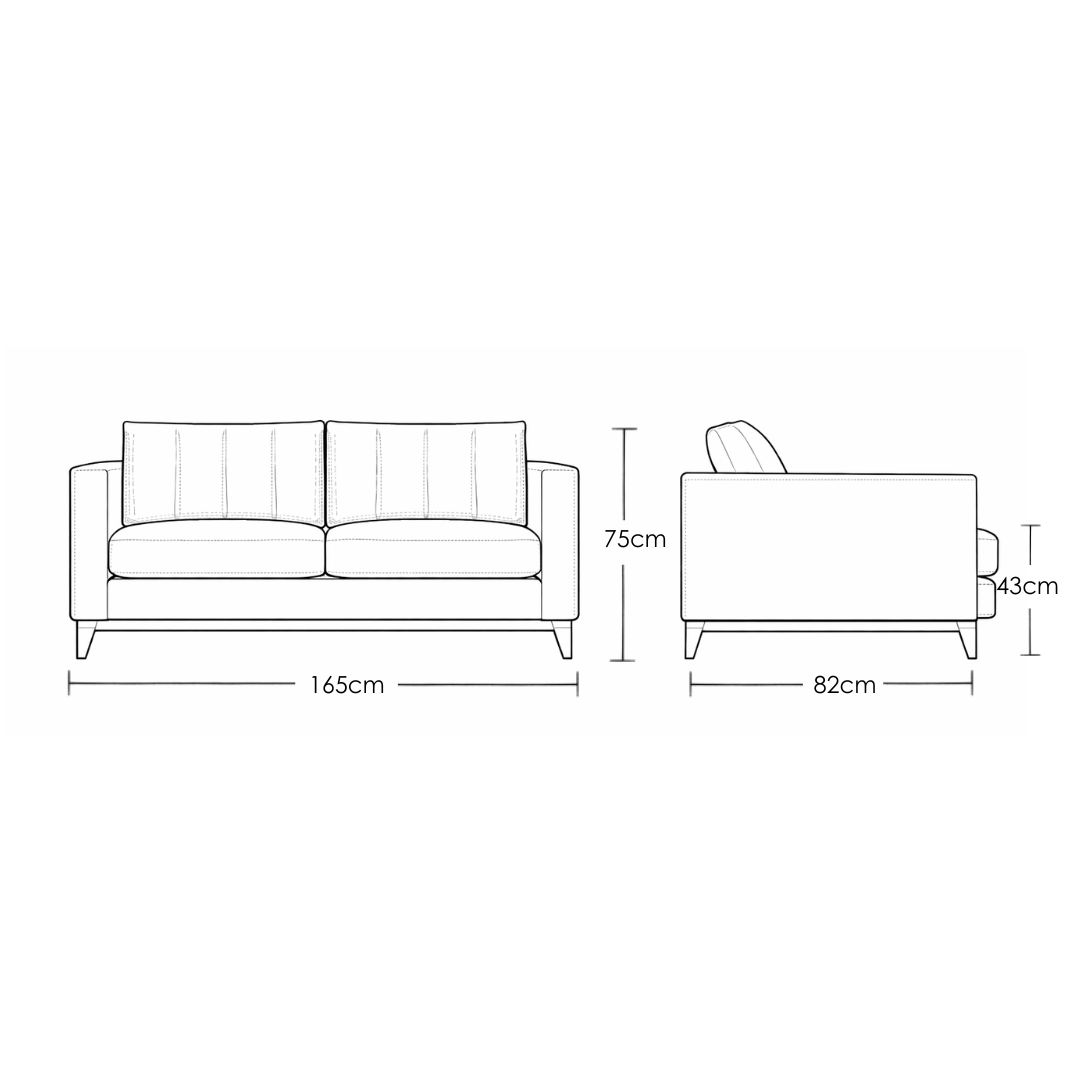 Noma modern minimalist fabric two seater sofa with solid teakwood base and clean linear form for contemporary living rooms dimension image