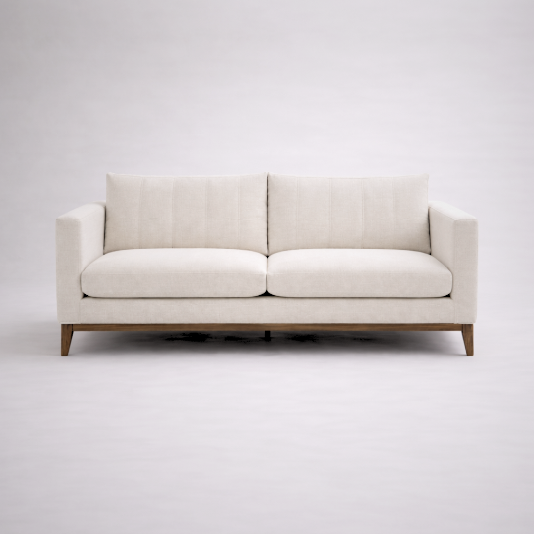 Noma modern minimalist fabric two seater sofa with solid teakwood base and clean linear form for contemporary living rooms front view