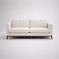 Noma modern minimalist fabric two seater sofa with solid teakwood base and clean linear form for contemporary living rooms front view