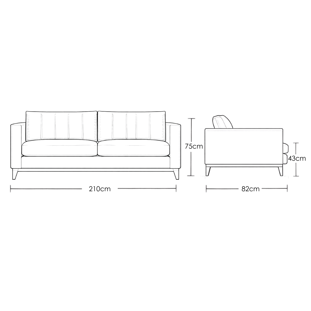 Noma modern minimalist fabric three seater sofa with solid teakwood base and clean linear form for contemporary living rooms dimensions
