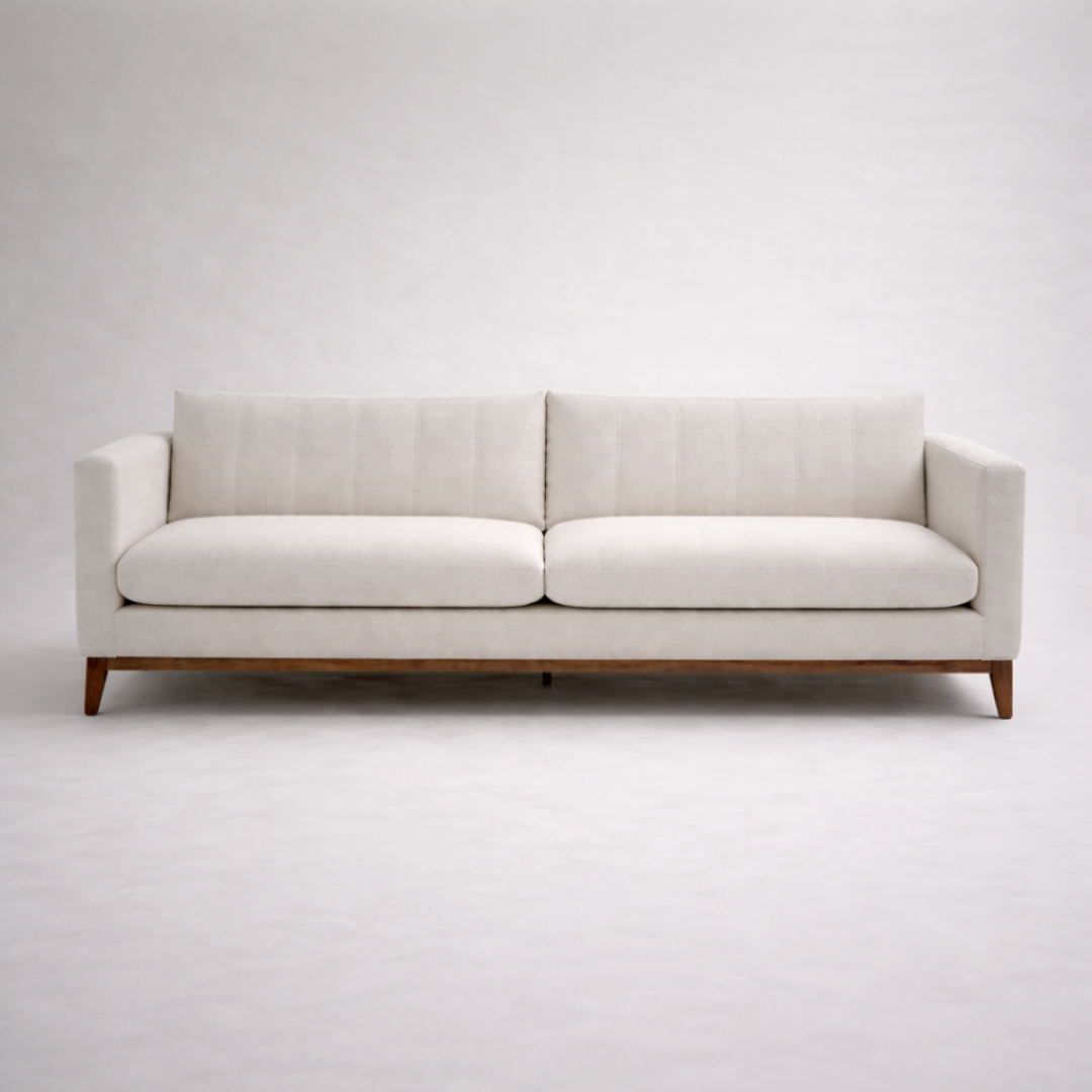 Noma modern minimalist fabric sofa with solid teakwood base and clean linear form for contemporary living rooms front view