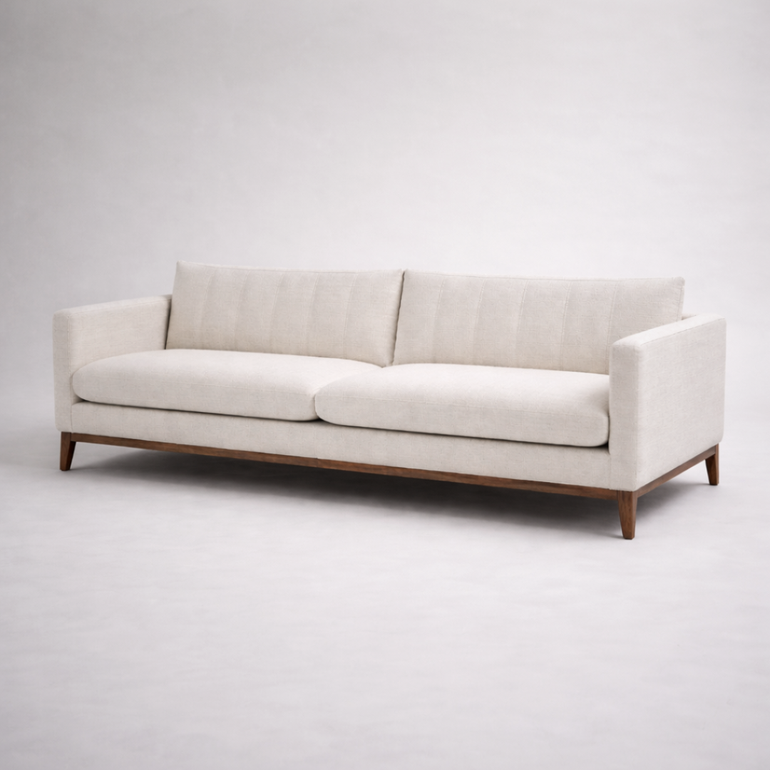 Noma modern minimalist fabric sofa with solid teakwood base and clean linear form for contemporary living rooms isometric view
